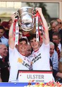 16 July 2017; Lee Brennan, left, and Rory Brennan of Tyrone lift the cup after the Ulster GAA Football Senior Championship Final match between Tyrone and Down at St Tiernach's Park in Clones, Co. Monaghan. Photo by Oliver McVeigh/Sportsfile