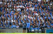 16 July 2017; Dublin manager Jim Gavin, right, and Jason Sherlock and a section of the 66,734 supporters who attended, watch the final minutes of the Leinster GAA Football Senior Championship Final match between Dublin and Kildare at Croke Park in Dublin. Photo by Ray McManus/Sportsfile