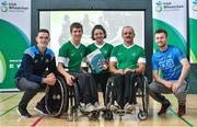 21 July 2017; The Irish Wheelchair Association launched its Strategic Plan at an event in its National Headquarters in Dublin today. Joined by junior athletes, various wheelchair sporting clubs, Paralympians and other sporting organisations, IWA-Sport announced its aims to develop and promote sport, physical and recreational opportunities for people with disabilities, through a programme of quality sporting events and activities over the next three years. The all-encompassing ambition for IWA-Sport over the next three years is to enhance recreational and competitive sporting opportunities through a programme of quality events and activities. Pictured at the launch are, from left, Dublin footballer Brian Fenton, basketball player Jonathan Hayes, swimmer Nicole Turner, chairman Declan Slevin and Dublin footballer Jack McCaffrey. Photo by Ramsey Cardy/Sportsfile