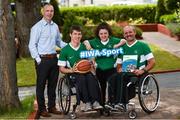 21 July 2017; The Irish Wheelchair Association launched its Strategic Plan at an event in its National Headquarters in Dublin today. Joined by junior athletes, various wheelchair sporting clubs, Paralympians and other sporting organisations, IWA-Sport announced its aims to develop and promote sport, physical and recreational opportunities for people with disabilities, through a programme of quality sporting events and activities over the next three years. The all-encompassing ambition for IWA-Sport over the next three years is to enhance recreational and competitive sporting opportunities through a programme of quality events and activities. Pictured at the launch are, from left, Director of Sport at Irish Wheelchair Association-Sport, basketball player Jonathan Hayes, swimmer Nicole Turner and chairman Declan Slevin. Photo by Ramsey Cardy/Sportsfile