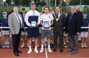 21 July 2017; Lloyd Glasspool, second from left, and Peter Bothwell collect their runner-up trophies from dignitaries, from left, Gary Coburn, Vice President of Carrickmines Tennis Club, Cathaoirleach Tom Murphy Dún Laoghaire Rathdown City Council, and Clifford Carroll, President of Tennis Ireland, after the Dún Laoghaire Rathdown Men’s International Tennis Championships Finals match at Carrickmines Tennis Club in Dublin. Photo by Cody Glenn/Sportsfile