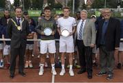 21 July 2017; Jonny O'Mara, second from left, and Scott Clayton collect their first place trophies from dignitaries, from left, Cathaoirleach Tom Murphy Dún Laoghaire Rathdown City Council, Gary Coburn, Vice President of Carrickmines Tennis Club, and Clifford Carroll, President of Tennis Ireland, after the Dún Laoghaire Rathdown Men’s International Tennis Championships Finals match at Carrickmines Tennis Club in Dublin. Photo by Cody Glenn/Sportsfile