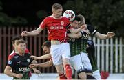 21 July 2017; Ian Bermingham of St Patrick's Athletic in action against Ryan Brennan and Conor Kenna of Bray Wanderers, behind, during the SSE Airtricity League Premier Division match between St Patrick's Athletic and Bray Wanderers at Richmond Park in Dublin. Photo by Piaras Ó Mídheach/Sportsfile