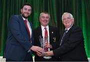 21 July 2017; Dave Connolly, of Geraldine AFC, Limerick, Co. Limerick, is presented with his John Sherlock award for services to football by Adrian Sherlock, left, and FAI President Tony Fitzgerald, right, at the FAI Communications Awards & Delegates Dinner at Hotel Kilkenny in Kilkenny. Photo by Seb Daly/Sportsfile