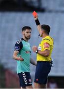 21 July 2017; Aaron Barry of Derry City is shown a red card by referee Robert Hennessy during the SSE Airtricity League Premier Division match between Bohemians and Derry City at Dalymount Park in Dublin. Photo by Sam Barnes/Sportsfile