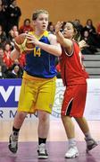 22 March 2012; Hannah McCarthy, Christ the King, in action against Lauren Hynes, Mercy Coolock. U16B Girls - All-Ireland Schools League Finals 2012, Mercy Coolock, Dublin v Christ the King, Cork, National Basketball Arena, Tallaght, Dublin. Picture credit: Barry Cregg / SPORTSFILE