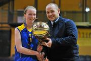 22 March 2012; Kate Lanaghan, Christ the King, is presented with the MVP award by Competitions Officer Basketball Ireland Conor Lilly. U16B Girls - All-Ireland Schools League Finals 2012, Mercy Coolock, Dublin v Christ the King, Cork, National Basketball Arena, Tallaght, Dublin. Picture credit: Barry Cregg / SPORTSFILE