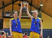 22 March 2012; Joint Christ the King captains Ciara Murray, left, and Kate Lanaghan lift the cup. U16B Girls - All-Ireland Schools League Finals 2012, Mercy Coolock, Dublin v Christ the King, Cork, National Basketball Arena, Tallaght, Dublin. Picture credit: Barry Cregg / SPORTSFILE