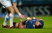 23 March 2012; Jamie Hagan, Leinster, lies on the ground after picking up an injury in the second half. Celtic League, Leinster v Ospreys, RDS, Ballsbridge, Dublin. Picture credit: Stephen McCarthy / SPORTSFILE