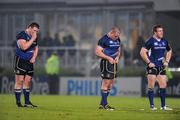23 March 2012; Leinster, players from left, Jack McGrath, Heink Van Der Merwe, and Sean Cronin show their disappointment after the game. Celtic League, Leinster v Ospreys, RDS, Ballsbridge, Dublin. Picture credit: Pat Murphy / SPORTSFILE