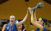 23 March 2012; University of Limerick co-captains Rachael Vanderwal, left, and Louise Galvin lift the Women's Superleague Trophy after the game. Nivea For Men’s SuperLeague Final 2012, University of Limerick Basketball Club v Team Montenotte Hotel Cork, National Basketball Arena, Tallaght, Dublin. Picture credit: Brendan Moran / SPORTSFILE