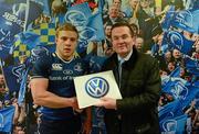 23 March 2012; Leinster's Ian Madigan is presented with the Most Valued Player award by John Donegan, Head of Sales and Marketing, Volkswagen Group Ireland. Celtic League, Leinster v Ospreys, RDS, Ballsbridge, Dublin. Picture credit: Stephen McCarthy / SPORTSFILE