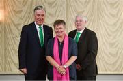 22 July 2017; Niamh O'Donoghue, the first female to be appointed to the FAI board, with Chief Executive John Delaney, left, and President Tony Fitzgerald following the EGM at the Hotel Kilkenny in Kilkenny. Photo by Ramsey Cardy/Sportsfile