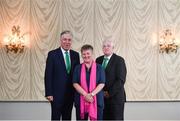 22 July 2017; Niamh O'Donoghue, the first female to be appointed to the FAI board, with Chief Executive John Delaney, left, and President Tony Fitzgerald following the EGM at the Hotel Kilkenny in Kilkenny. Photo by Ramsey Cardy/Sportsfile