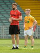 22 July 2017; Aidan O'Shea of Mayo in conversation with Liam Ryan of Leitrim before the start of the second half of the GAA Football All-Ireland Junior Championship Semi-Final match between Kerry and Leitrim ahead of the GAA Football All-Ireland Senior Championship Round 4A match between Cork and Mayo at Gaelic Grounds in Co. Limerick. Photo by Piaras Ó Mídheach/Sportsfile
