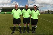 22 July 2017; Referee Gavin Corrigan with sideline officals Colm McManus and Sarah Stanley ahead of the game. TG4 Senior All Ireland Championship Preliminary match between Cavan and Laois in Ashbourne, Co. Meath.  Photo by Barry Cregg/Sportsfile
