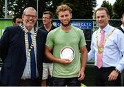 22 July 2017; Men's singles winner Tom Farkhursan pictured with, from left, Clifford Carroll, President of Tennis Ireland and Cathaoirleach Tom Murphy, Dún Laoghaire Rathdown City Council after the Dún Laoghaire Rathdown Men's International Tennis Championships Final at Carrickmines Tennis Club in Dublin. Photo by Barry Cronin/Sportsfile