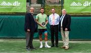 22 July 2017; Men's singles winner Tom Farkhursan pictured with, from left, Clifford Carroll, President of Tennis Ireland, Cathaoirleach Tom Murphy, Dún Laoghaire Rathdown City Council and Gary Coburn, Vice President of Carrickmines Tennis Club after the Dún Laoghaire Rathdown Men's International Tennis Championships Final at Carrickmines Tennis Club in Dublin. Photo by Barry Cronin/Sportsfile