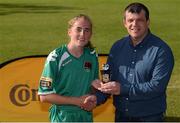 22 July 2017; Evelyn Daly of Cork City WFC is presented with her Player of the Match trophy by James O'Connor, Cost Plus Tyres, Ballycurren, Cork, following the the Continental Tyres Women’s National League match between Cork City WFC and Galway WFC at Bishopstown Stadium in Co. Cork. Photo by Seb Daly/Sportsfile
