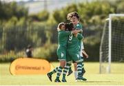 22 July 2017; Maggie Duncliffe of Cork City WFC, centre, is congratulated by teammates Danielle Burke, left, and Clare Shine after scoring her side's third goal during the Continental Tyres Women’s National League match between Cork City WFC and Galway WFC at Bishopstown Stadium in Co. Cork. Photo by Seb Daly/Sportsfile