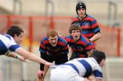 19 March 2012; Eoghan Kelly, left, Luke O'Halloran, centre, and Ezra Nugent, St. Munchin’s. Avonmore Munster Schools Senior Cup Final, St. Munchin’s College v Rockwell College, Thomond Park, Limerick. Picture credit: Diarmuid Greene / SPORTSFILE