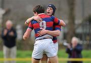 24 March 2012; Barry O'Mahony, Clontarf, is congratulated by team-mate Dermot O'Shea, after scoring his side's first try. Ulster Bank League Division 1A, Young Munster v Clontarf, Tom Clifford Park, Limerick. Picture credit: Diarmuid Greene / SPORTSFILE