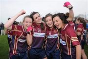 24 March 2012; Loreto players, from left, Cara McCrossan, Shannon McGowan, Colleen McQuaid and Emma Collins celebrate after the final whistle. Tesco All-Ireland Post Primary Schools Senior A Final, Loreto, Omagh v Colaiste Ide agus Iosef, Limerick, Kinnegad, Co. Westmeath. Picture credit: Matt Browne / SPORTSFILE