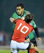 24 March 2012; Henry Fa'afili, Connacht, is tackled by Ian Keatley, Munster. Celtic League, Connacht v Munster, Sportsground, Galway. Picture credit: Brendan Moran / SPORTSFILE