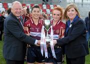 24 March 2012; President of the Ladies Gaelic Football Association Pat Quill and Jacinta Nurney, from Tesco Kinnegad present, Loreto, captains Nichola Donnelly, left, and Clara McMenamin with the Tesco All-Ireland Senior 'A' Post Primary Schools Cup. Tesco All-Ireland Post Primary Schools Senior A Final, Loreto, Omagh v Colaiste Ide agus Iosef, Limerick, Kinnegad, Co. Westmeath. Picture credit: Matt Browne / SPORTSFILE