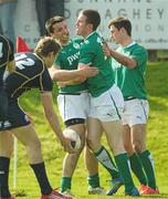 25 March 2012; Rory O'Loughlin, Ireland, is congratulated after scoring his side's second try by team-mates Cian Kelleher, left, and William Dardis, right. U18 Schools International, Ireland v Scotland, Coolmine RFC, Coolmine, Dublin. Photo by Sportsfile