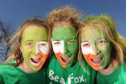 25 March 2012; Ireland supporters, from left, Lisa Barry, Louise Madigan and Cliodhna Maloney, all from Loreto College, Foxrock, Dublin, before the game. Women's Olympic Qualifying Tournament, Belgium v Ireland, Beerschot T.H.C., Kontich, Antwerp, Belgium. Picture credit: Stephen McCarthy / SPORTSFILE