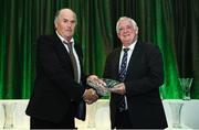 21 July 2017; FAI President Tony Fitzgerald, right, is presented with an awards by John Corrigan, of Kilkenny District League, Co. Kilkenny, at the FAI Communications Awards & Delegates Dinner at Hotel Kilkenny in Kilkenny. Photo by Seb Daly/Sportsfile