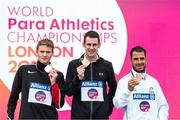 23 July 2017; Michael McKillop receives his Gold medal after he finished first in the Men's 1500m, T37 during day 10 of the 2017 Para Athletics World Championships at the Olympic Stadium in London, with, from left, Liam Stanley of Canada, Silver, and Madjid Djemai of Algeria, Bronze. Photo by Luc Percival/Sportsfile