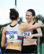 23 July 2017; Cliodhna Manning of Kilkenny City Harriers AC, Co. Kilkenny, right, is congratulated by Sinead Denny of Dundrum South Dublin AC, Co. Dublin, after winning the Women's 400m during the Irish Life Health National Senior Track & Field Championships – Day 2 at Morton Stadium in Santry, Co. Dublin. Photo by Sam Barnes/Sportsfile