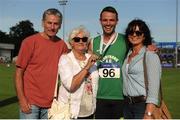 23 July 2017; Thomas Barr, Ferrybank AC, Co.Wexford, after winning the Men's 400m Hurdles event, with from left, his father Tommy, Grandmother Breda French and his mother Martina, during the Irish Life Health National Senior Track & Field Championships – Day 2 at Morton Stadium in Santry, Co. Dublin. Photo by Tomás Greally/Sportsfile