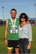 23 July 2017; Thomas Barr, Ferrybank AC, Co.Wexford, after winning the Men's 400m Hurdles event, alongside his mother Martina, during the Irish Life Health National Senior Track & Field Championships – Day 2 at Morton Stadium in Santry, Co. Dublin. Photo by Tomás Greally/Sportsfile