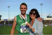 23 July 2017; Thomas Barr, Ferrybank AC, Co.Wexford, after winning the Men's 400m Hurdles event, alongside his mother Martina, during the Irish Life Health National Senior Track & Field Championships – Day 2 at Morton Stadium in Santry, Co. Dublin. Photo by Tomás Greally/Sportsfile