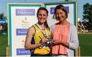 23 July 2017; Former Irish International athlete, right, Aisling Molloy, presents Ciara Mageean, UCD AC, Dublin, winner of the Women's 800m event, during the Irish Life Health National Senior Track & Field Championships – Day 2 at Morton Stadium in Santry, Co. Dublin. Photo by Tomás Greally/Sportsfile