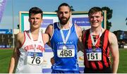 23 July 2017; Winner of the Men's 110m Hurdle event, Gerard O'Donnell, centre, Carrick on Shannon AC, Co. Leitrim, second placed  Matthew Behan, left, Crusaders AC, Co. Dublin, third placed Daniel Ryan, right, Moycarkey Coolcroo AC, Co. Tipperary, during the Irish Life Health National Senior Track & Field Championships – Day 2 at Morton Stadium in Santry, Co. Dublin. Photo by Tomás Greally/Sportsfile