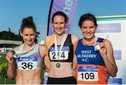 23 July 2017; Winner of the Women's 400m event Cliodhna Manning, centre, Kilkenny City Harriers AC, Co. Kilkenny, second placed Sinead Denny, left, Dundrum South Dublin AC, third placed Grainne Moynihan, right, West Muskerry AC, Co. Cork, during the Irish Life Health National Senior Track & Field Championships – Day 2 at Morton Stadium in Santry, Co. Dublin. Photo by Tomás Greally/Sportsfile