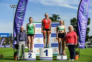 23 July 2017; Women's Pole Vault medallists, from left, Ciara Hickey of Blarney/Inniscara AC, Co. Cork, silver, Ellen McCarthy of City of Lisburn AC, Co. Down, gold, and Emma Coffey of Carraig-Na-Bhfear AC, Co. Cork, bronze, with Athletics Ireland President Georgina Drumm, right, during the Irish Life Health National Senior Track & Field Championships – Day 2 at Morton Stadium in Santry, Co. Dublin. Photo by Sam Barnes/Sportsfile
