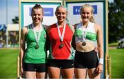 23 July 2017; Women's Pole Vault medallists, from left, Ciara Hickey of Blarney/Inniscara AC, Co. Cork, silver, Ellen McCarthy of City of Lisburn AC, Co. Down, gold, and Emma Coffey of Carraig-Na-Bhfear AC, Co. Cork, bronze, during the Irish Life Health National Senior Track & Field Championships – Day 2 at Morton Stadium in Santry, Co. Dublin. Photo by Sam Barnes/Sportsfile
