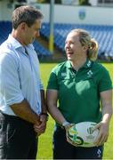 24 July 2017; Ireland head coach Tom Tierney and team captain Niamh Briggs during the Ireland Women's Rugby World Cup Squad Announcement at the UCD Bowl, in Belfield, Dublin. Photo by Piaras Ó Mídheach/Sportsfile