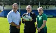 24 July 2017; Minister for Transport, Tourism and Sport, Shane Ross TD with Ireland head coach Tom Tierney and team captain Niamh Briggs during the Ireland Women's Rugby World Cup Squad Announcement at the UCD Bowl, in Belfield, Dublin. Photo by Piaras Ó Mídheach/Sportsfile