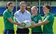 24 July 2017; Ireland head coach Tom Tierney with his players, from left, Hannah Tyrrell, Niamh Briggs, and Lindsay Peat during the Ireland Women's Rugby World Cup Squad Announcement at the UCD Bowl, in Belfield, Dublin. Photo by Piaras Ó Mídheach/Sportsfile