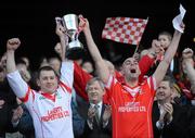 17 March 2012; Loughgiel Shamrocks joint captains Damian Quinn, left, and Johnny Campbell lift the Tommy Moore Cup. AIB GAA Hurling All-Ireland Senior Club Championship Final, Coolderry, Offaly, v Loughgiel Shamrocks, Antrim. Croke Park, Dublin. Picture credit: Stephen McCarthy / SPORTSFILE