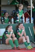 25 March 2012; Dejected Ireland players Shirley McCay, left, Alexandra Speers, right, Audrey O'Flynn, back left, and Nicola Daly, back right. Women's Olympic Qualifying Tournament, Belgium v Ireland, Beerschot T.H.C., Kontich, Antwerp, Belgium. Picture credit: Stephen McCarthy / SPORTSFILE