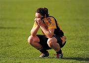 25 March 2012; A dejected Elaine Ni Diolun, NUI Maynooth, after the final whistle. Giles Cup Final, Mary Immaculate College Limerick v NUI Maynooth, Queen's University Belfast, University Road, Belfast. Picture credit: Oliver McVeigh / SPORTSFILE