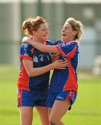 25 March 2012; Patricia Dunne and Orla Finn, right, Mary Immaculate College Limerick, celebrate after the final whistle. Giles Cup Final, Mary Immaculate College Limerick v NUI Maynooth, Queen's University Belfast, University Road, Belfast. Picture credit: Oliver McVeigh / SPORTSFILE