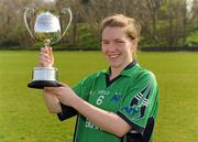 25 March 2012; Nora Ward, Athlone IT, with the Lynch Cup. Lynch Cup Final, Trinity College Dublin v Athlone IT, Queen's University Belfast, University Road, Belfast. Picture credit: Oliver McVeigh / SPORTSFILE